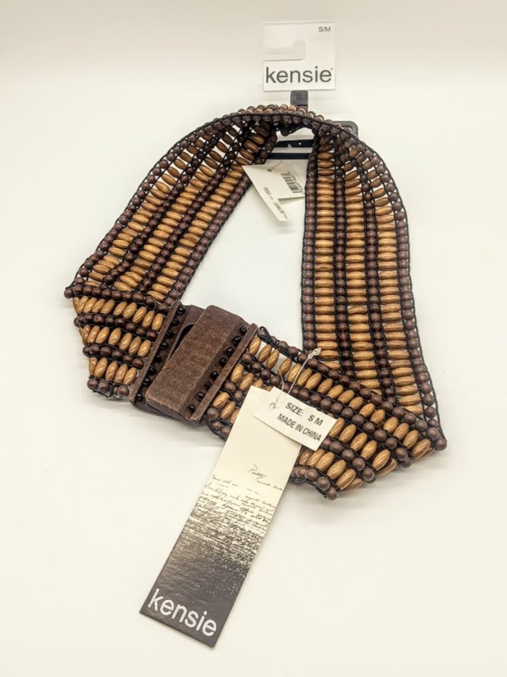Kensie Brown Two-Tone Wood Bead Stretch Belt NWT